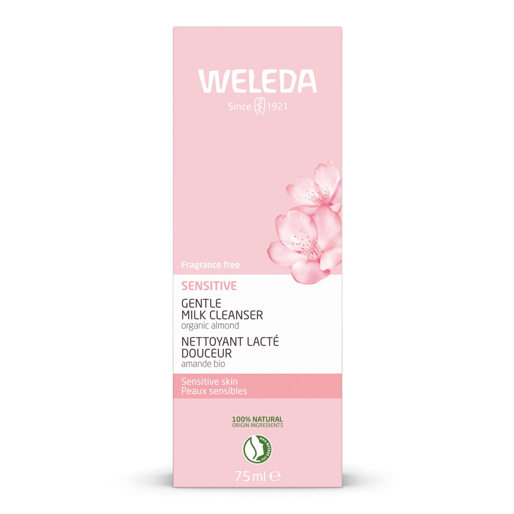 A 75ml box of Weleda Sensitive Gentle Milk Cleanser, featuring a soft pink and white design with a pink flower illustration on the front.