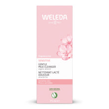 A 75ml box of Weleda Sensitive Gentle Milk Cleanser, featuring a soft pink and white design with a pink flower illustration on the front.