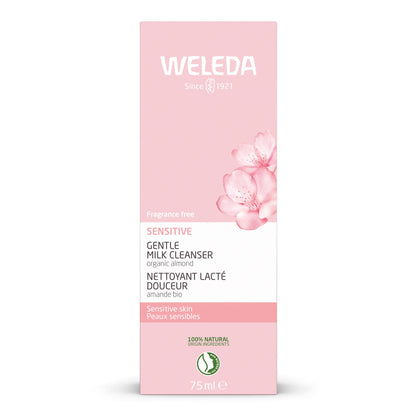 A 75ml box of Weleda Sensitive Gentle Milk Cleanser, featuring a soft pink and white design with a pink flower illustration on the front.