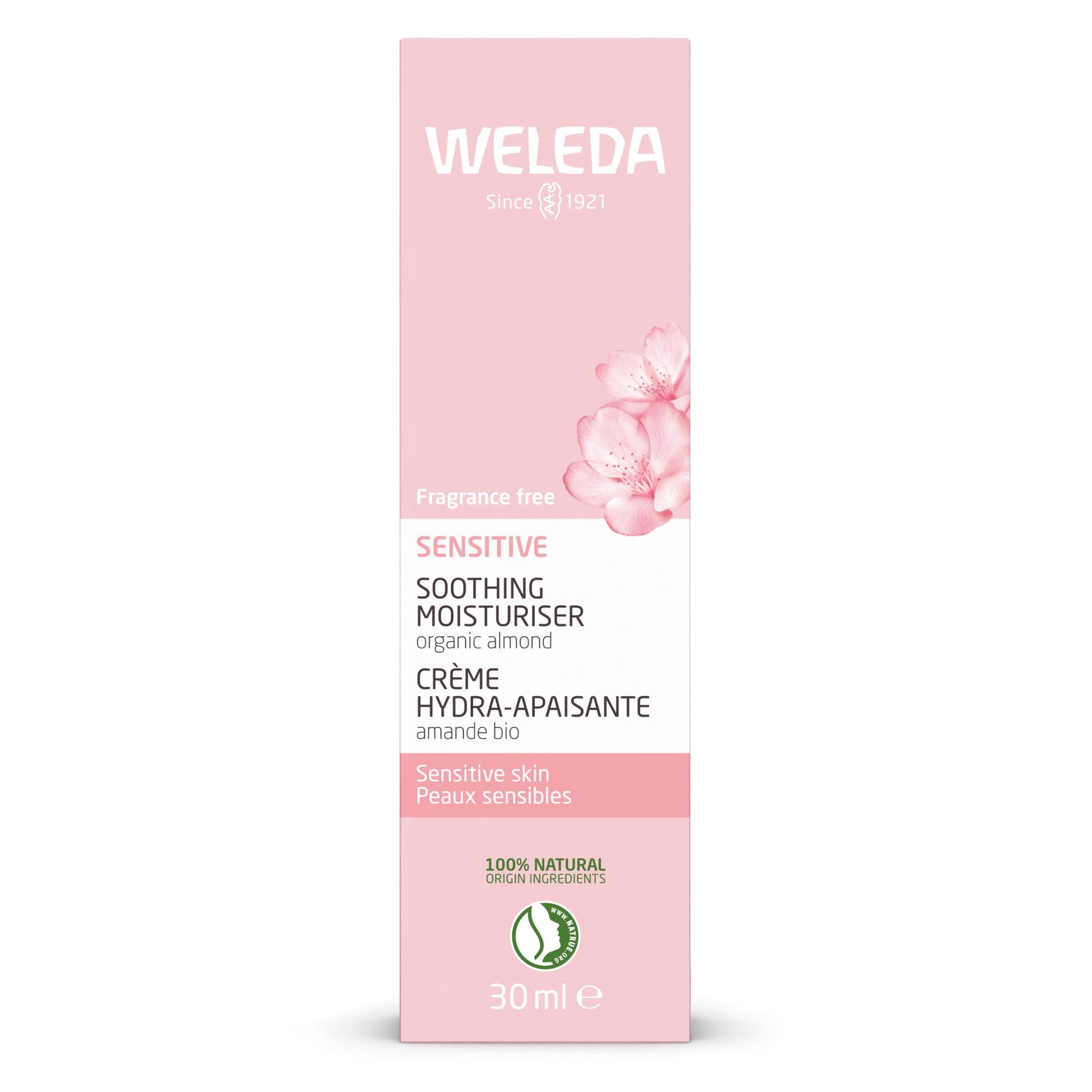 A 30 ml box of Weleda Sensitive Soothing Moisturiser, featuring a soft pink and white design with a pink orchid graphic on the upper right.