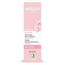 A 30 ml box of Weleda Sensitive Soothing Moisturiser, featuring a soft pink and white design with a pink orchid graphic on the upper right.