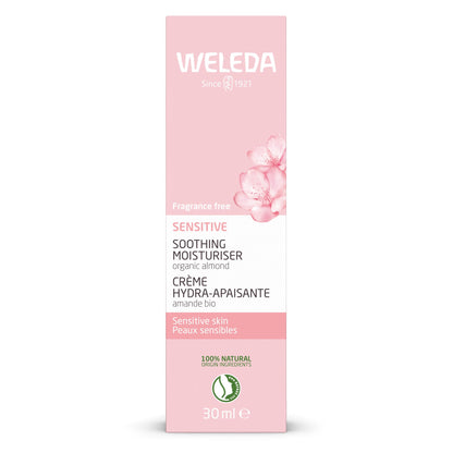 A 30 ml box of Weleda Sensitive Soothing Moisturiser, featuring a soft pink and white design with a pink orchid graphic on the upper right.