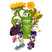 A green tube of weleda Skin Food Light moisturiser surrounded by botanical illustrations of sunflowers, purple pansies, a cocoa pod, and green leaves on a white background.