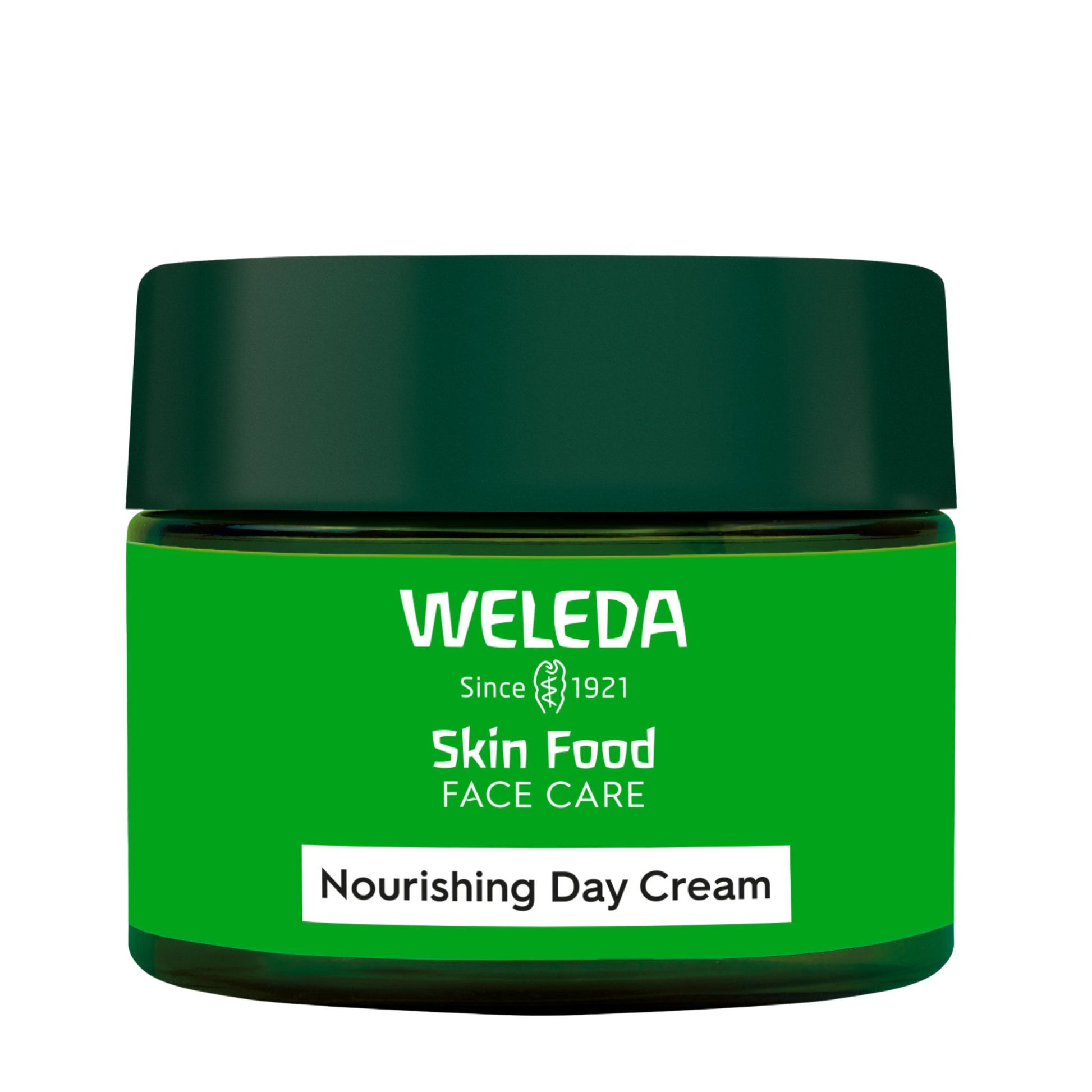 A jar of Weleda Skin Food Face Care Nourishing Day Cream, featuring a vibrant green label and a dark green lid, set against a plain white background.