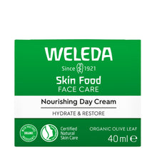 Weleda Skin Food Face Care Nourishing Day Cream 40 ml box packaging, featuring a green and white design with product details and certification logos.