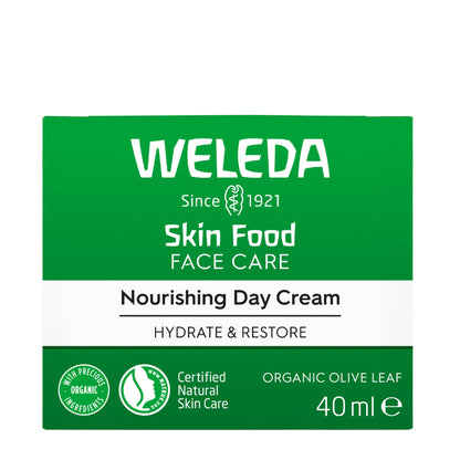 Weleda Skin Food Face Care Nourishing Day Cream 40 ml box packaging, featuring a green and white design with product details and certification logos.