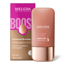 Weleda Natural Science Sunkissed Bronzing Serum Drops bottle next to its retail box, featuring a warm bronze and pink color scheme.