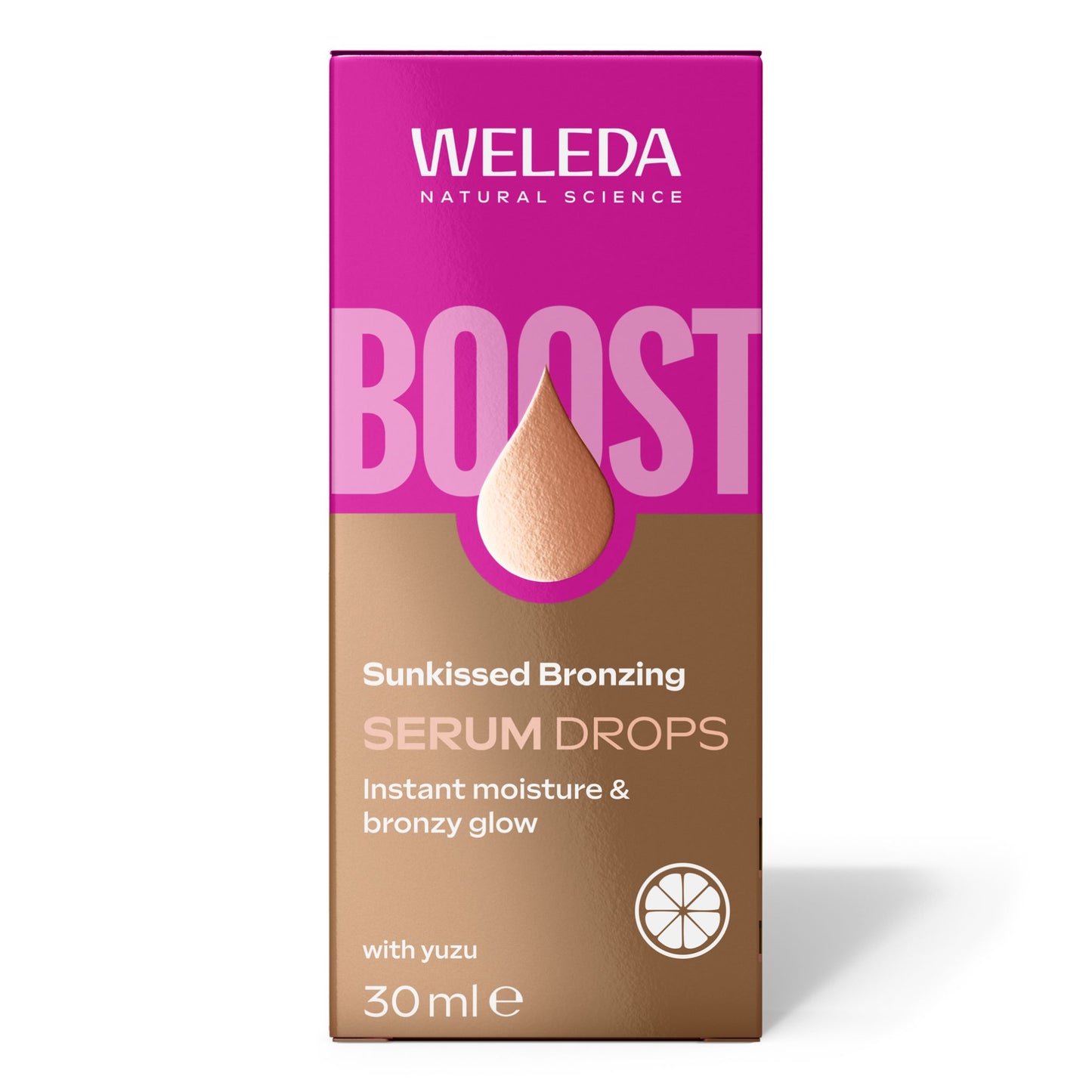 Weleda Natural Science Boost Sunkissed Bronzing Serum Drops box, featuring a magenta top half with white branding and a bronze-brown bottom half with product details and a teardrop graphic.