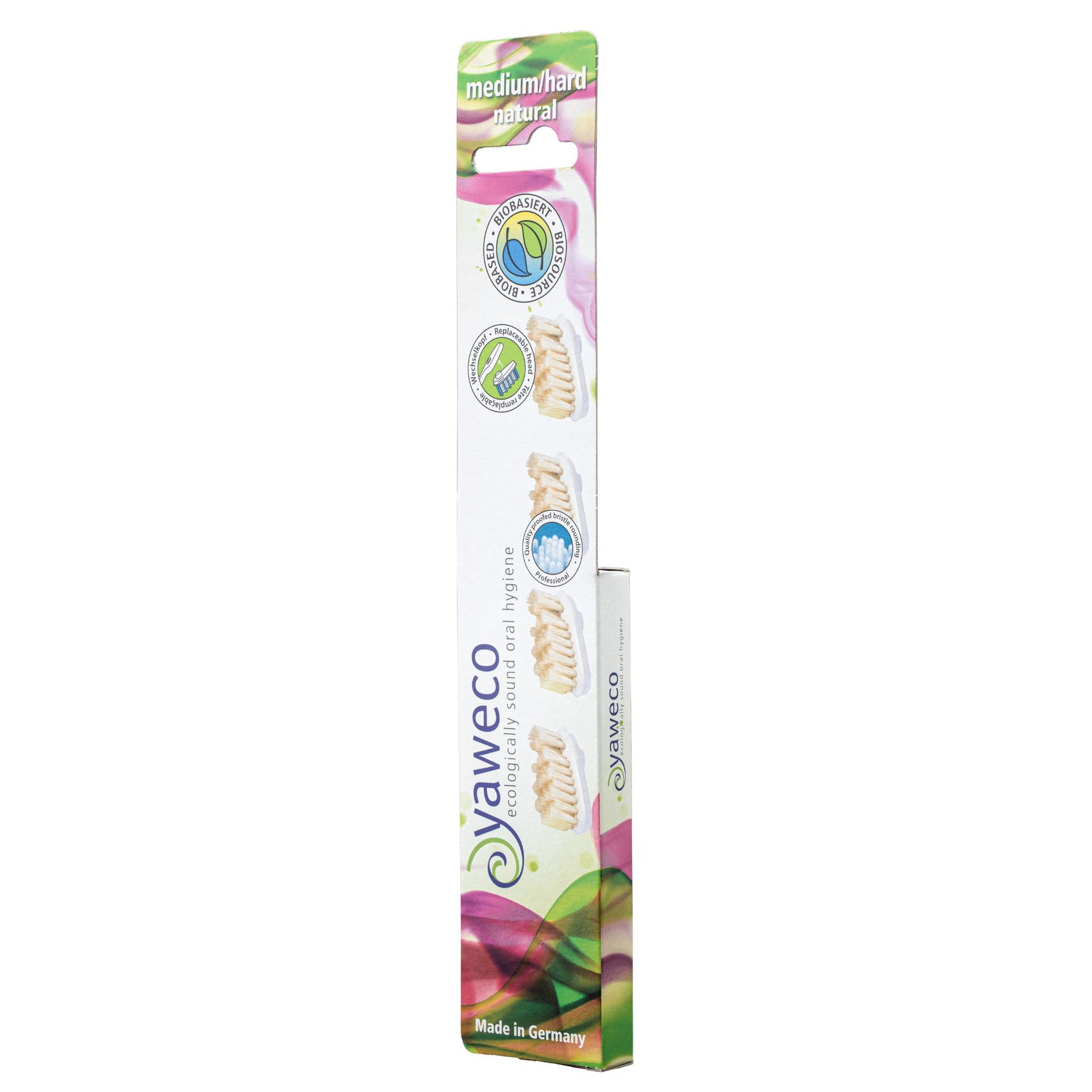 Yaweco bio-based replaceable toothbrush heads natural packaging on a white background