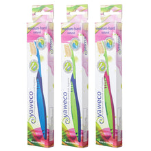 Three packages of Yaweco toothbrushes on a white background