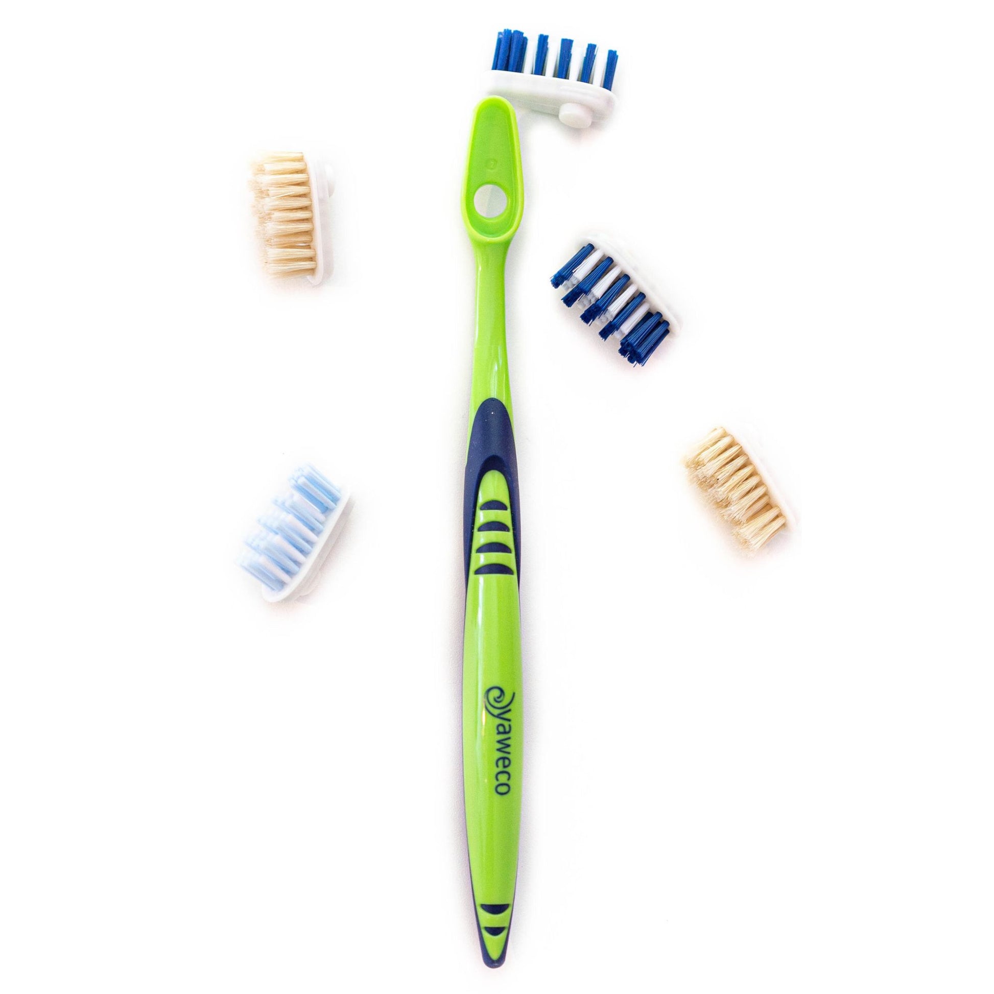 Green Yaweco toothbrush with multiple brush heads on a white background