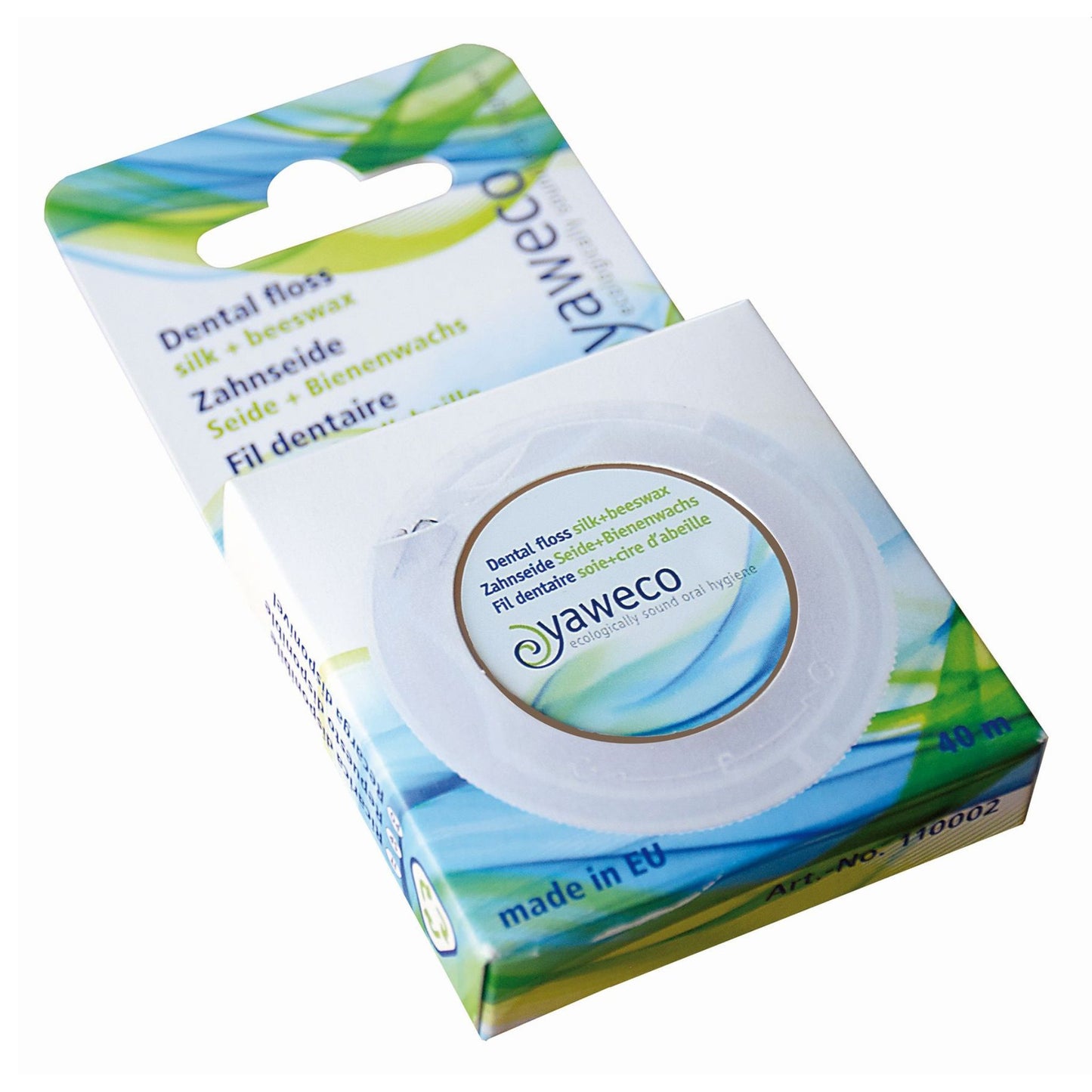 Yaweco dental floss packaging with a white background