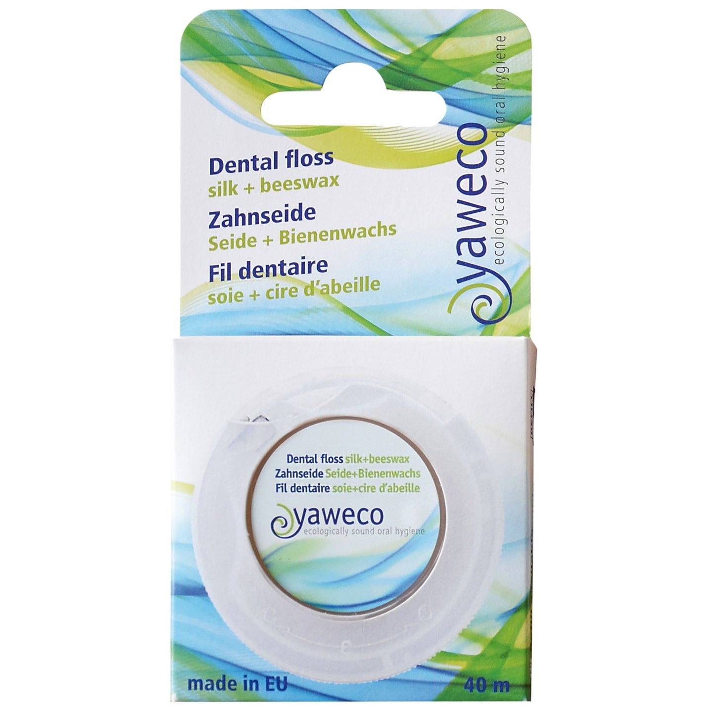 Yaweco dental floss packaging with green and blue design on a white background
