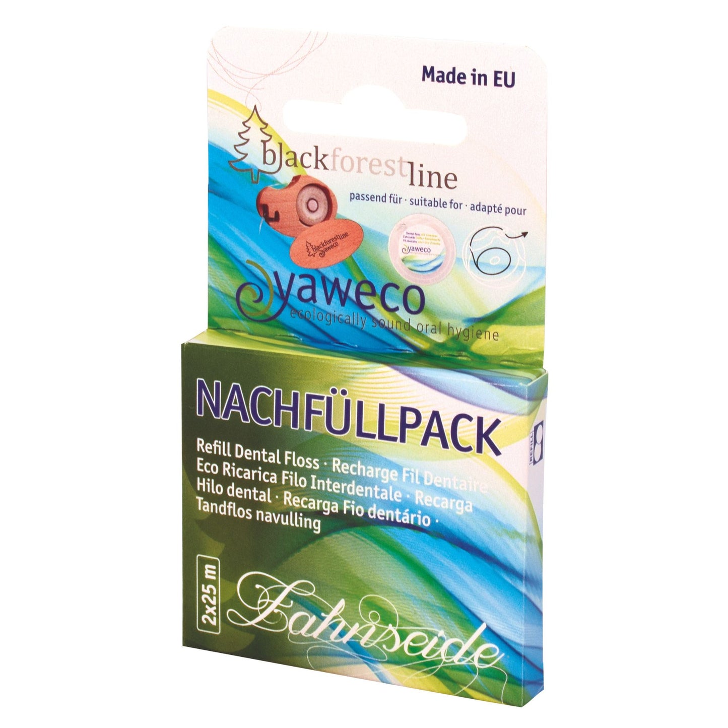 Yaweco dental floss refill pack with branding on a white background