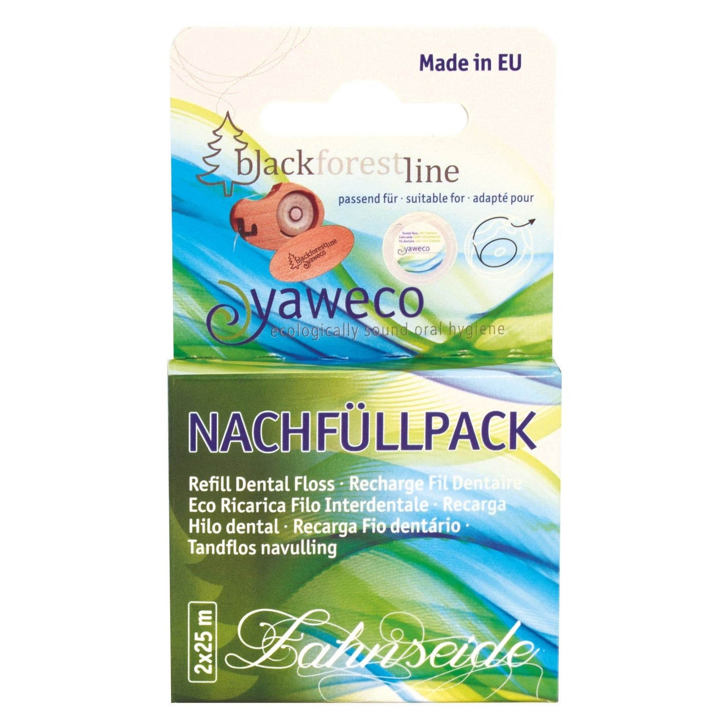 Yaweco dental floss refill pack with branding on a white background