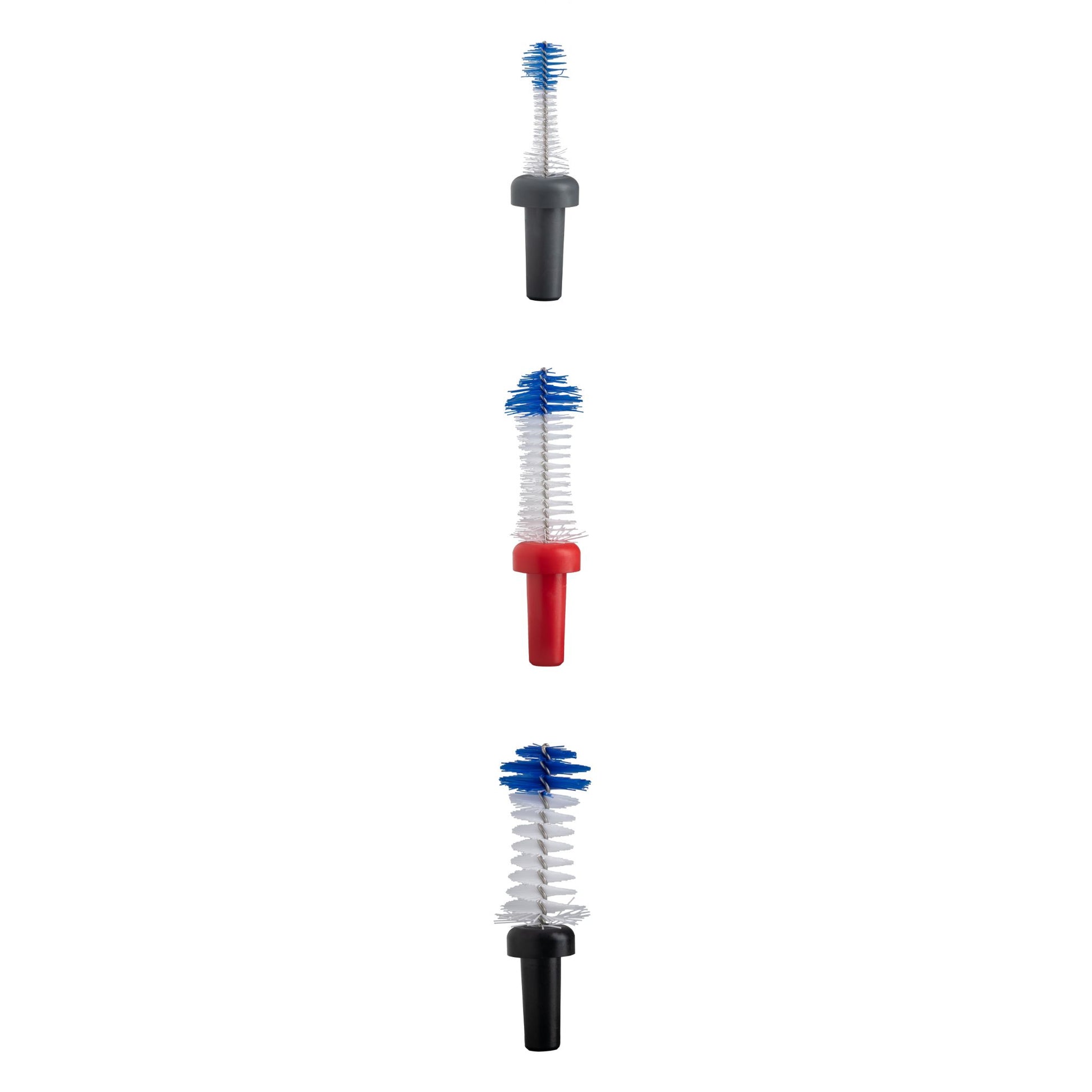 Set of three Yaweco interdental  brushes with blue bristle heads on a white background