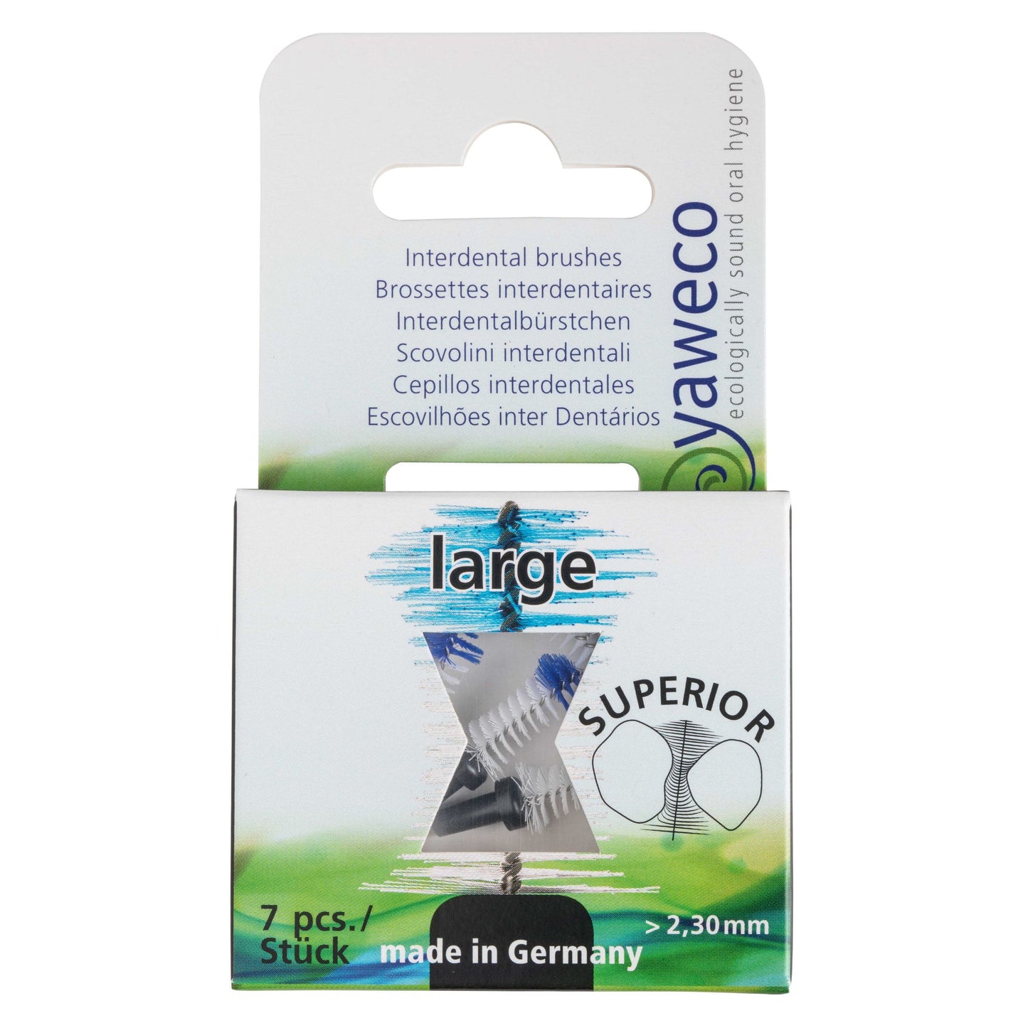 Yaweco interdental brushes packaging with branding and product details.