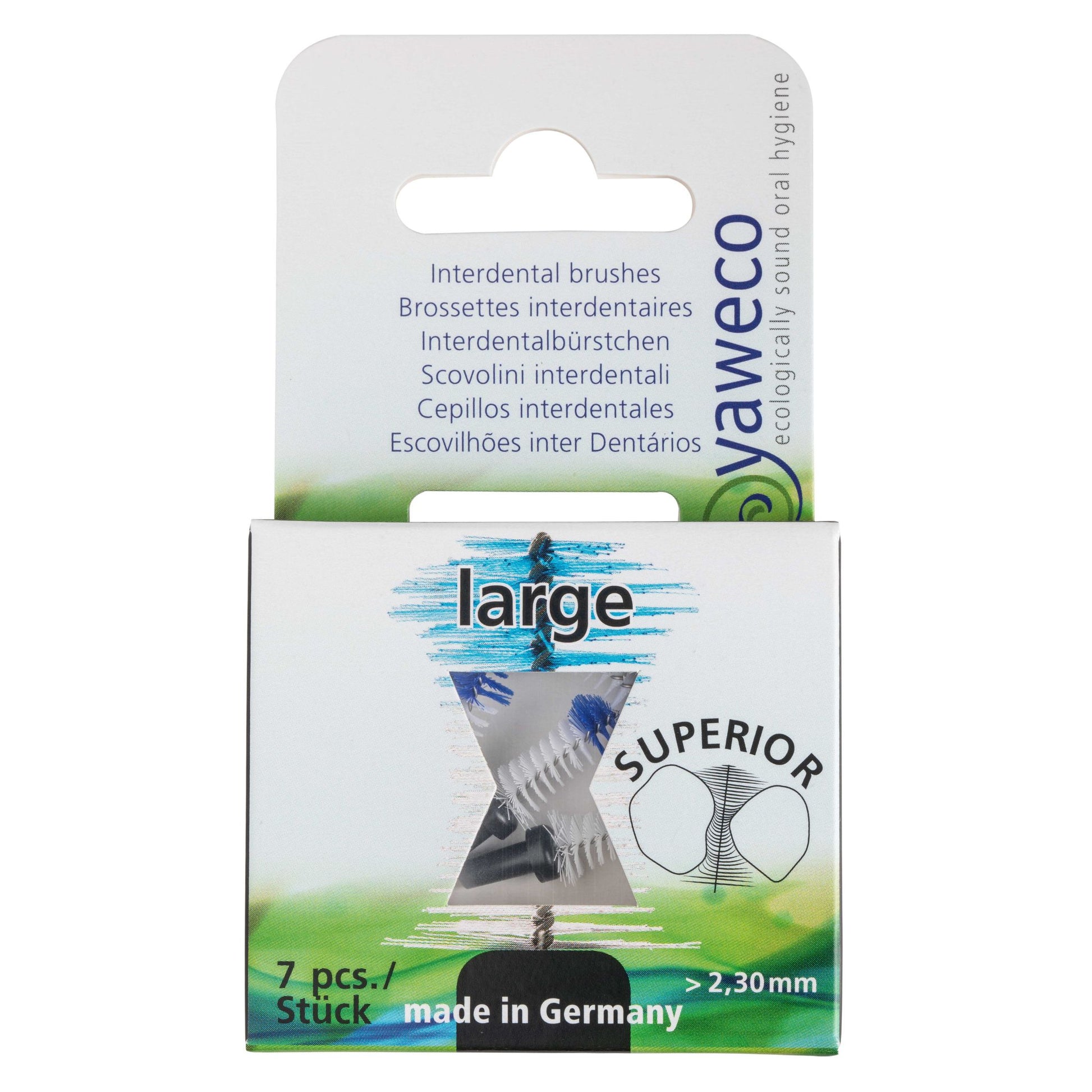 Yaweco interdental brushes packaging with branding and product details.