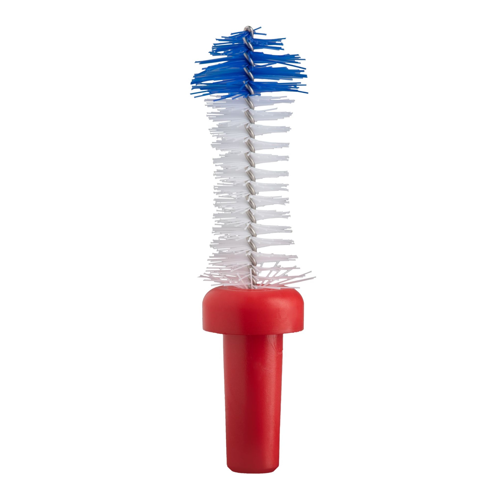 Yaweco interdental brush with red base and blue and white bristles on a white background