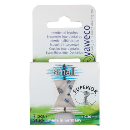 Packaging of Yaweco interdental brushes with branding and product details.