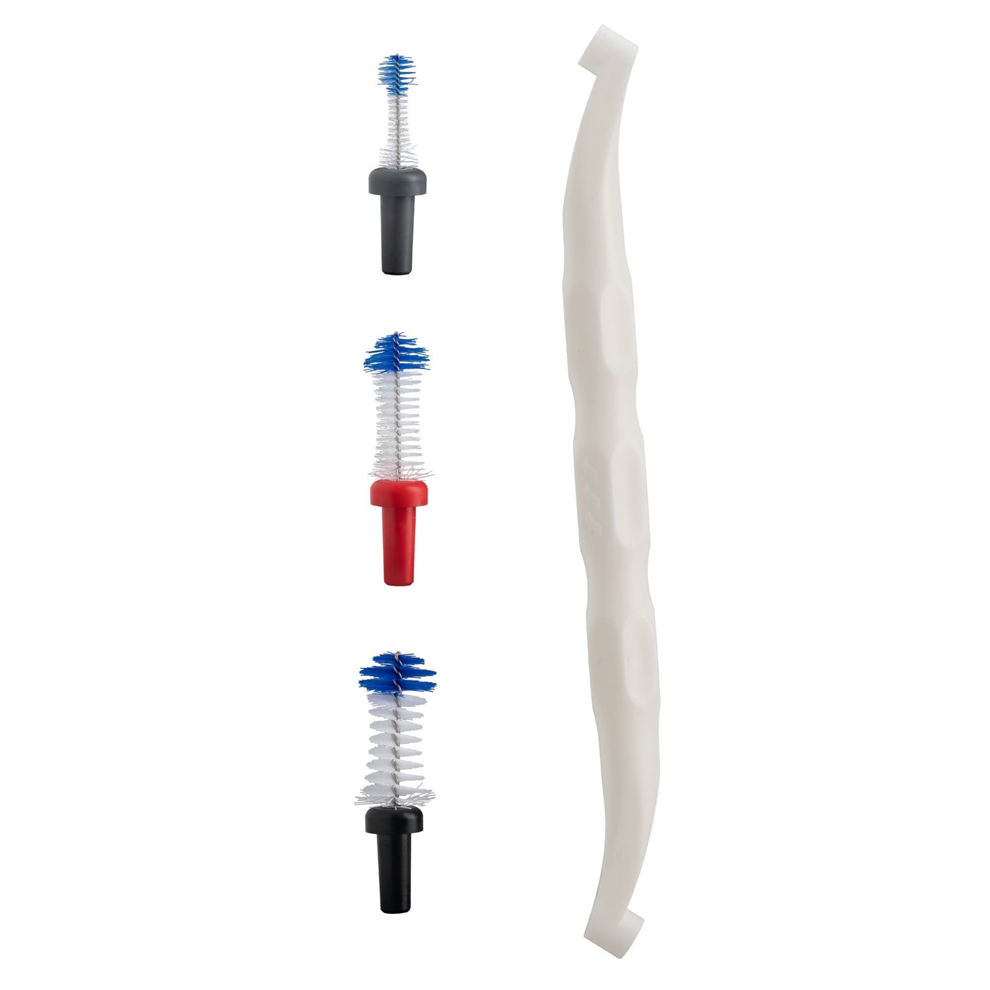 Set of dental cleaning tools including a brush and a handle on a white background