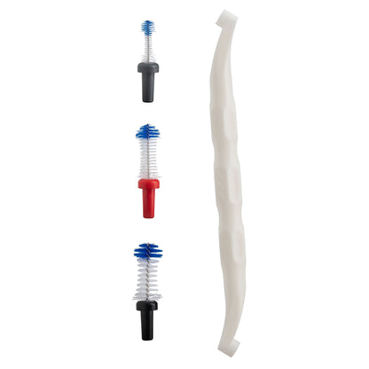 Set of dental cleaning tools including a brush and a handle on a white background
