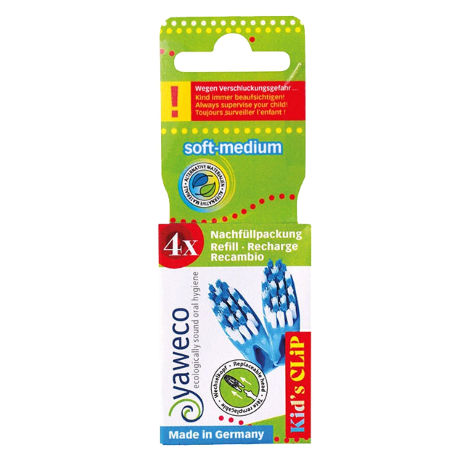 Packaging of Yaweco toothbrush refills with green and white design