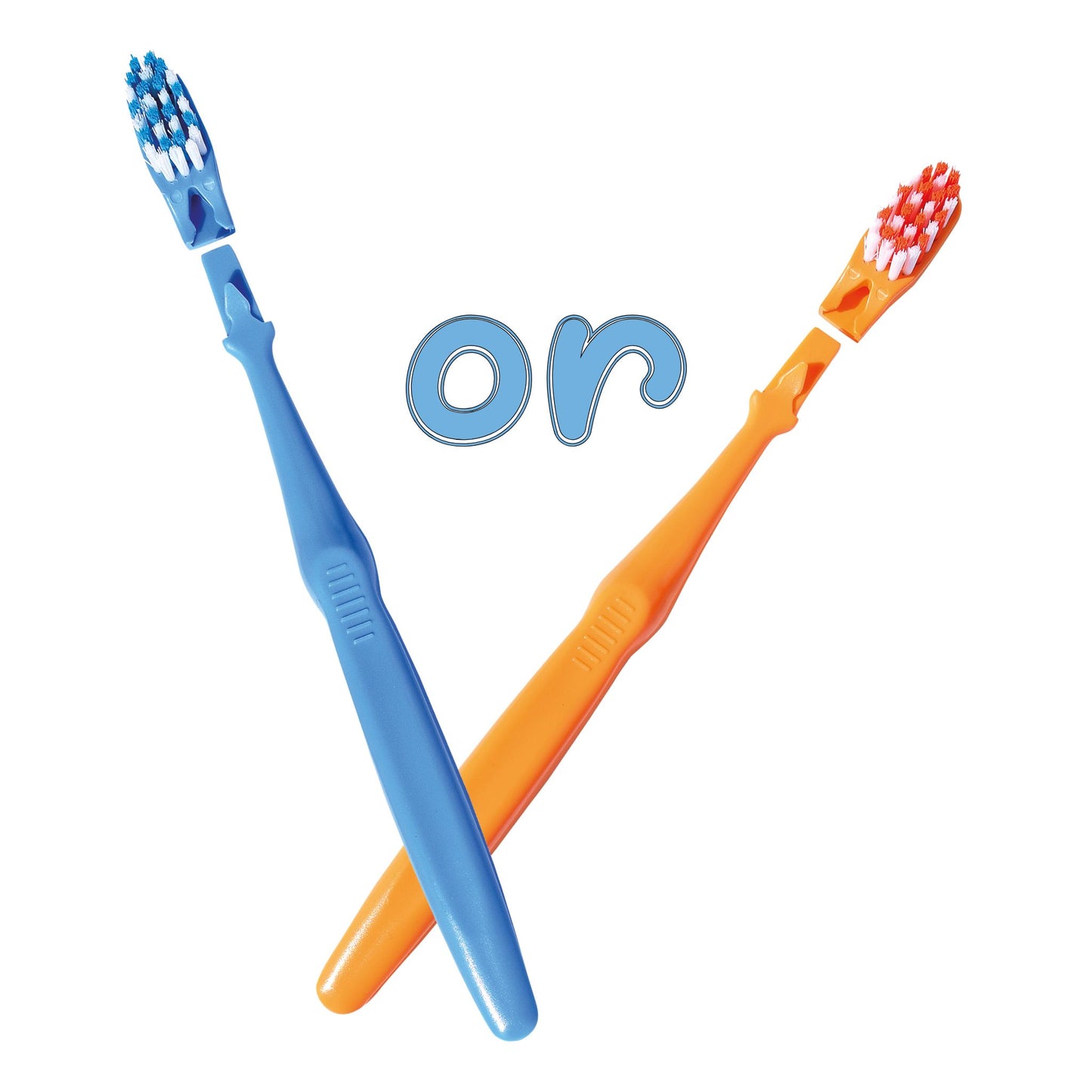 Two yaweco kids clip toothbrushes, one blue and one orange, crossed over each other on a white background.