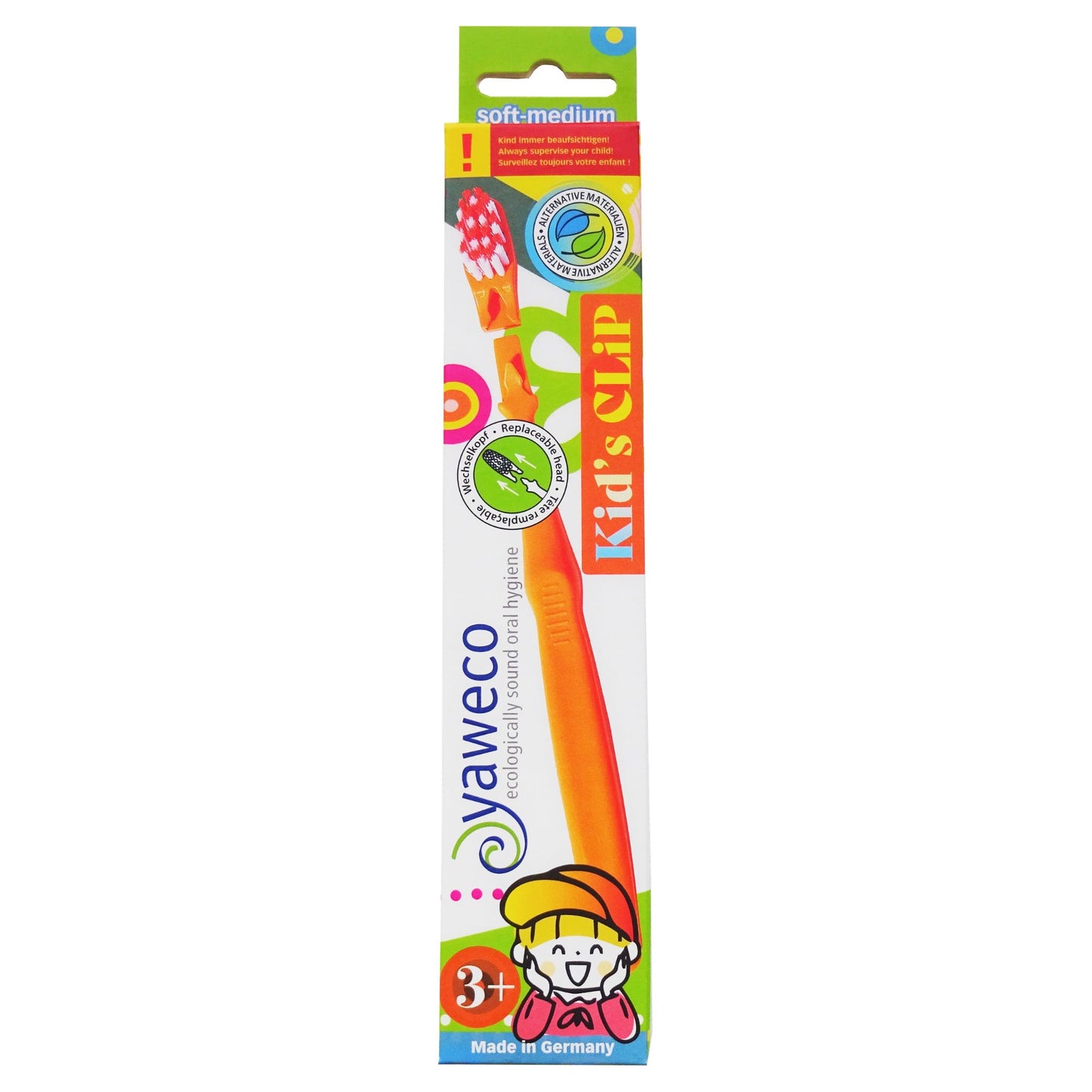 Yaweco Kids Clip toothbrush orange packaging on a white background