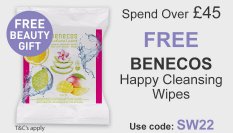 spend over £45 and get free benecos cleansing wipes